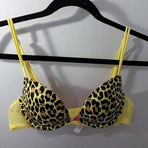 Victoria's Secret PINK Neon Yellow Leopard Push-Up Bra Size 34A